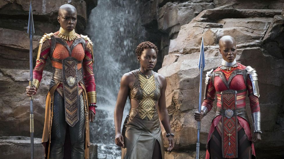 A Scene in the Marvel film, Black Panther featuring the female warriors, Dora Milaje of the fictional Wakanda. The female warriors are inspired by real-life warriors.