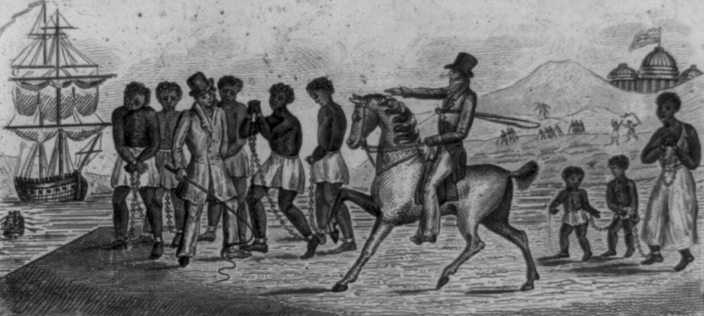 An abolitionist print, possibly engraved in 1830, shows slaves being sold by one trader to another. Credit: Library of Congress