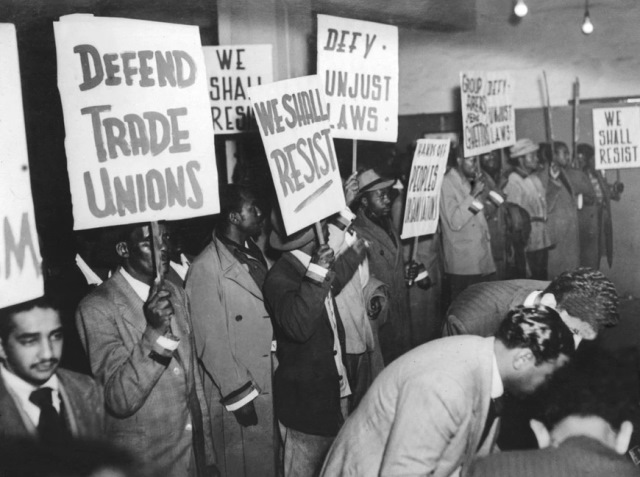 Defiance Campaign volunteers gather in Johannesburg as part of a civil disobedience campaign to protest the apartheid regime, 12 August 1952. (Photo by AFP via Getty Images)