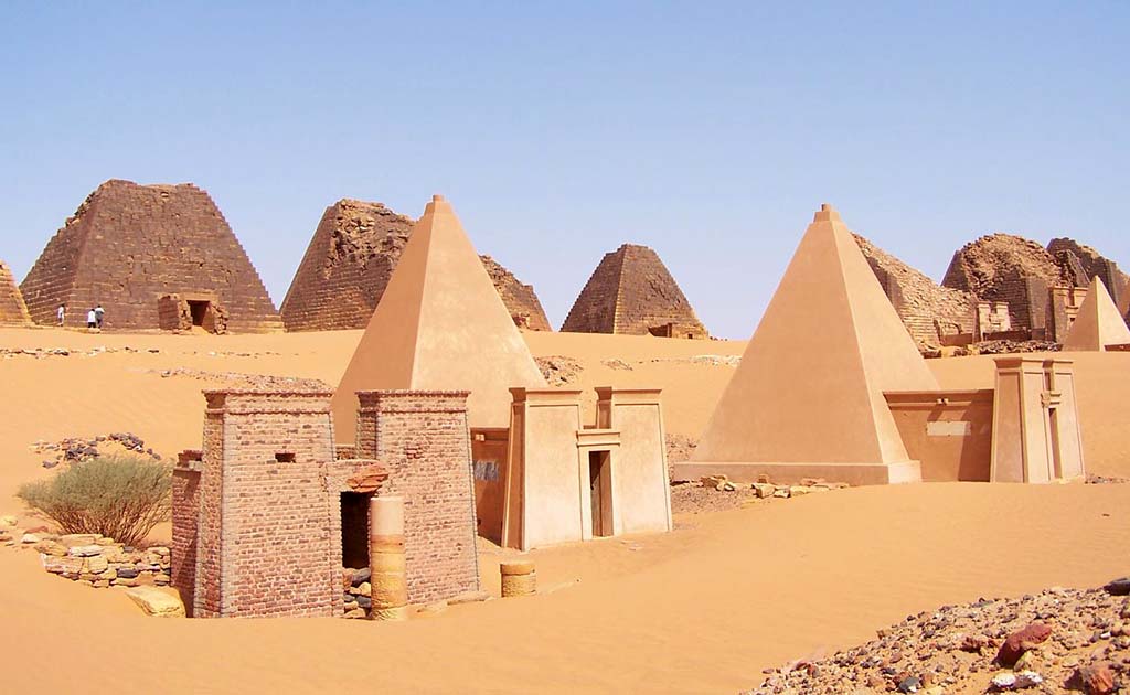 Original and reconstructed Nubian pyramids, Meroe, 2005