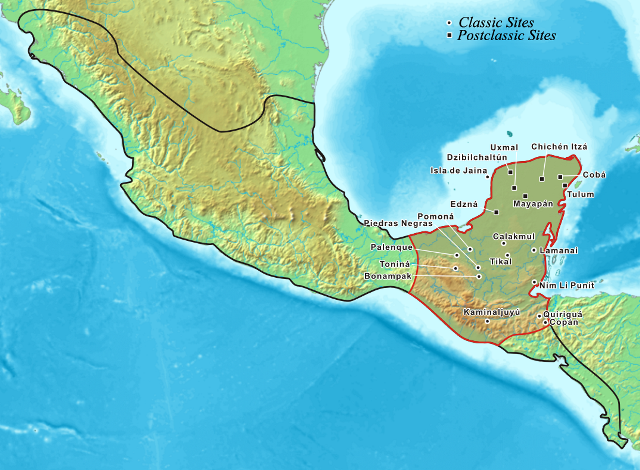 A Map of the Mayans' land area. Source: Wikimedia commons