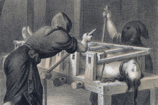 A detail from the 19th century lithograph “The Torture of Isabel Rodriguez.” The lithograph originally appeared in “El Libro Rojo” by Vicente Riva Palacio (1870).