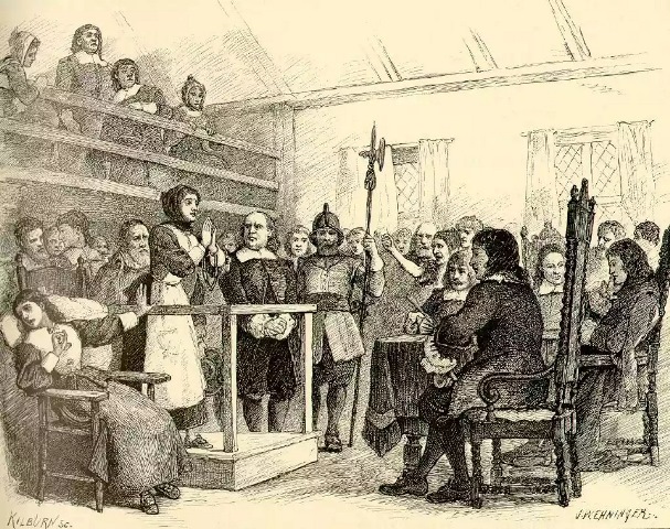 Martha Corey stands trial for witchcraft. Illustration by John W. Ehninger. Wikimedia commons.