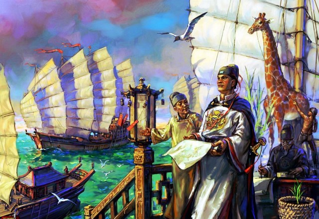 An Illustration of Zheng He on a ship during the age of exploration. 