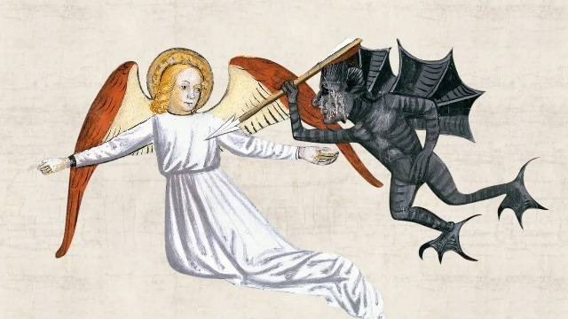 An angel points at a sinner who has been the victim (not pictured) of the plague in a 15th-century painting. Photography by Prisma, Album
