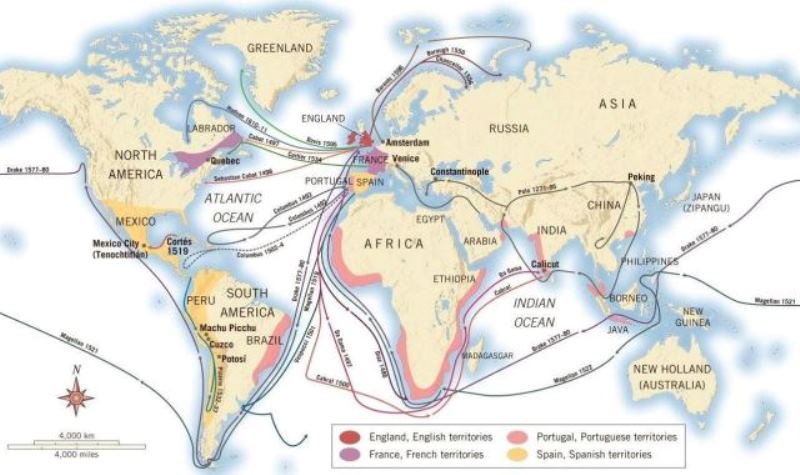 An interactive map showing the routes of European explorers and how global trade routes were established during the age of exploration.