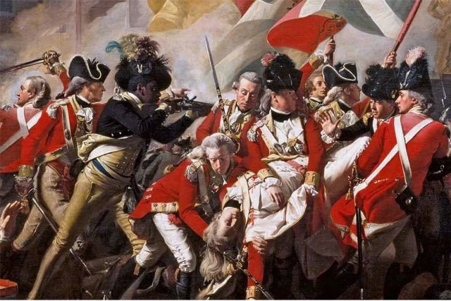 The American Revolution. A painting of the Death of Major Peirson - Battle of Jersey, January 6, 1781. Credit: John Singleton Copley, 1783.
