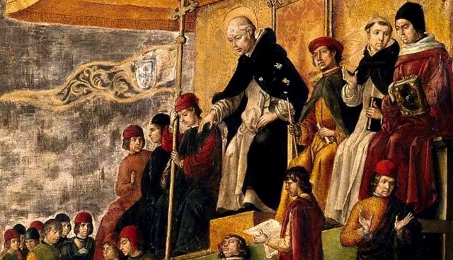 An illustration showing Saint Dominic presiding over an Auto-da-Fé by Pedro Berruguete, 1490s, via spainisculture.com